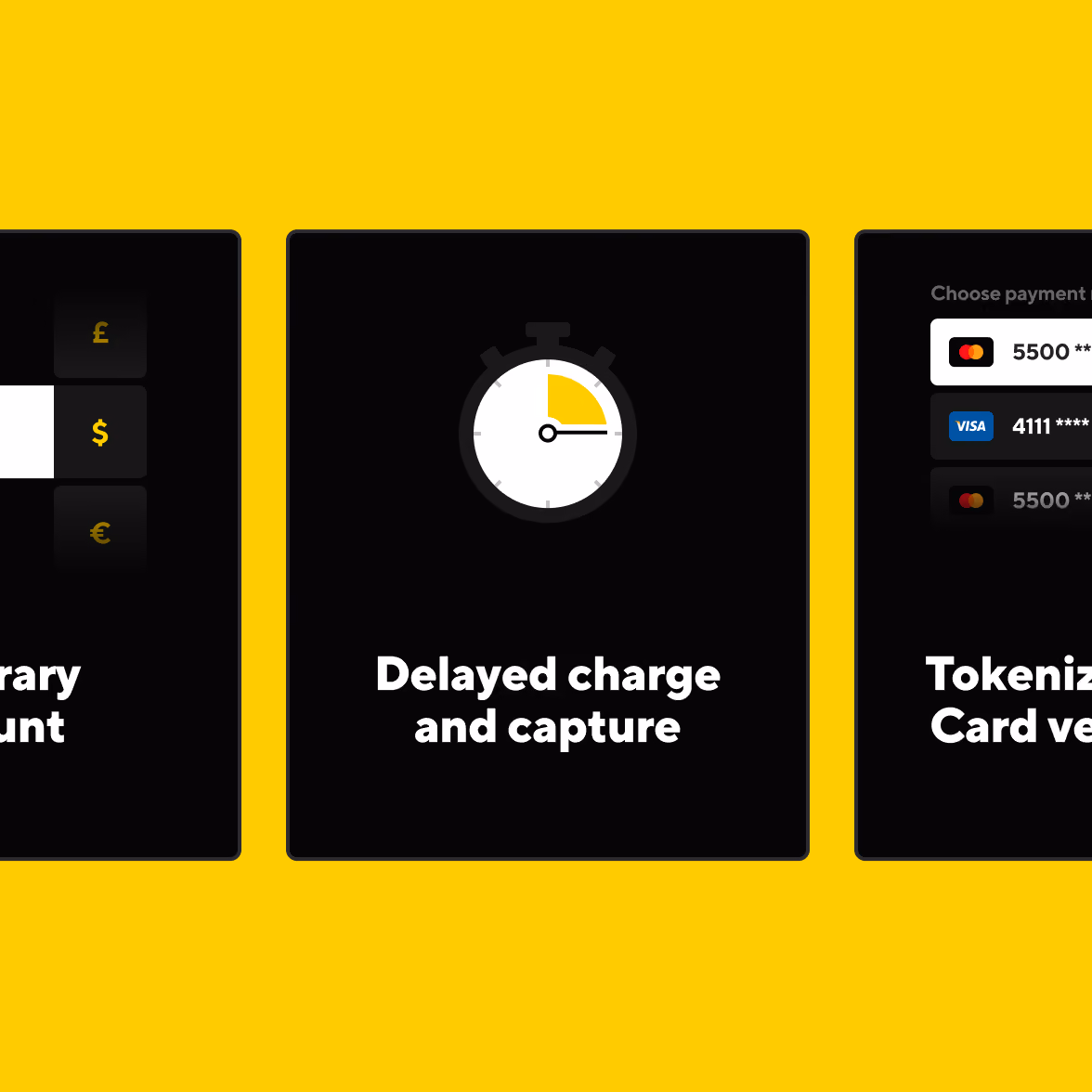 Black square card on yellow background showing a stopwatch icon with a quarter segment highlighted and the bold text 'Delayed charge and capture' beneath it.