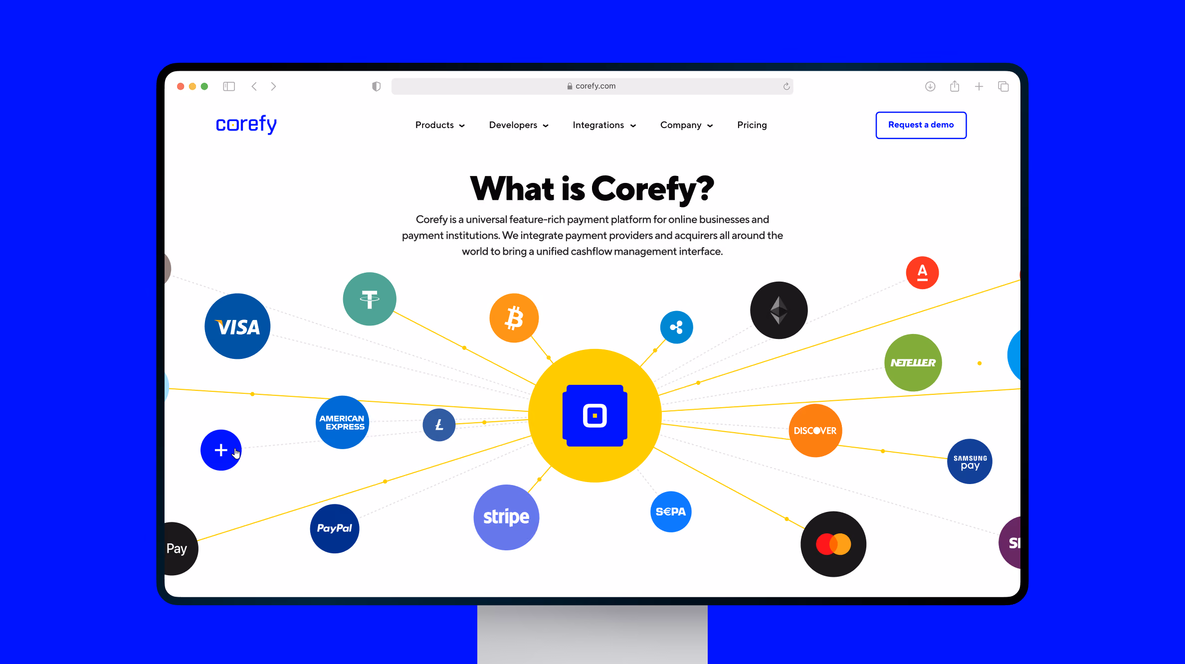 Computer screen displaying Corefy payment platform website featuring a central blue and yellow icon connected by lines to various payment method logos including Visa, Bitcoin, PayPal, Stripe, Mastercard, American Express, SEPA, Discover, Neteller, and Samsung Pay against white background with blue border.