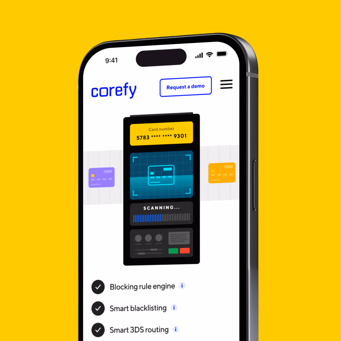 Smartphone screen showing Corefy website with card scanning in progress, displaying masked card number and options listed: Blocking rule engine, Smart blacklisting, Smart 3DS routing, on a bright yellow background.