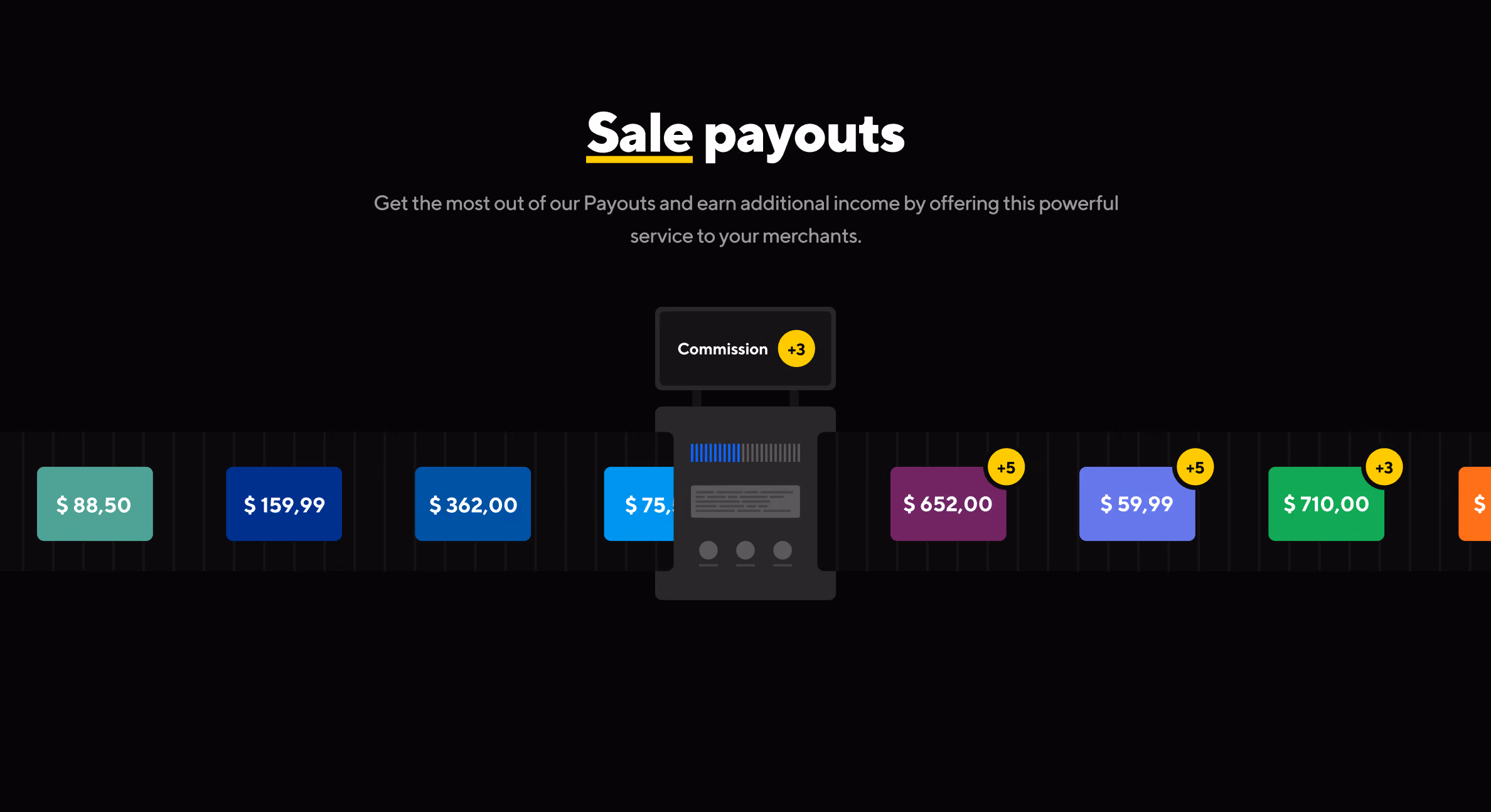 Illustration of sale payouts with monetary amounts in colored boxes on a dark background, highlighting commissions in a central box labeled '+3' and '+5'.