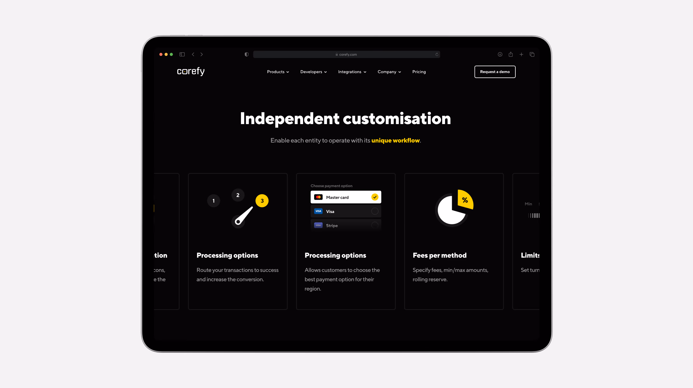 Tablet screen showing Corefy's website section titled 'Independent customisation' with features like processing options, payment method choices including MasterCard, Visa, Stripe, and fees per method displayed with a pie chart icon.