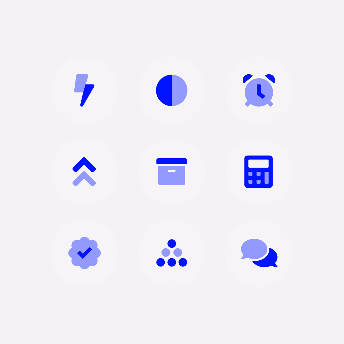 Nine blue and purple icons on a light background arranged in a 3x3 grid featuring a lightning bolt, half-filled circle, alarm clock, up arrows, box, calculator, checkmark badge, pyramid of circles, and speech bubbles.