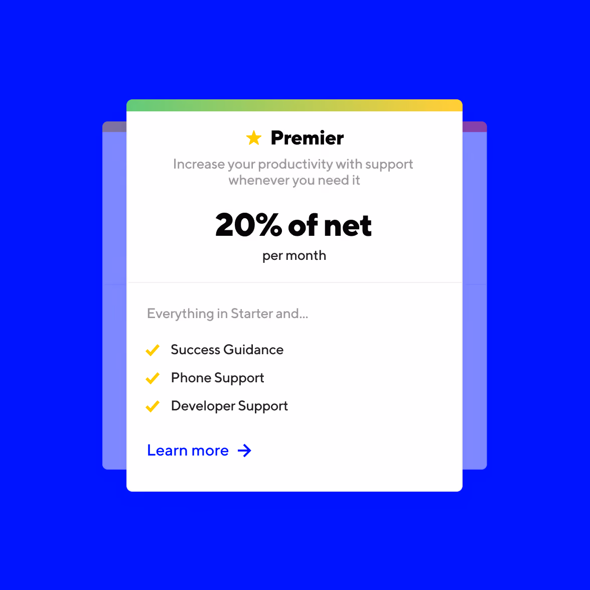 Subscription plan card titled Premier offering 20% of net per month with support features including success guidance, phone support, and developer support, against a blue background.
