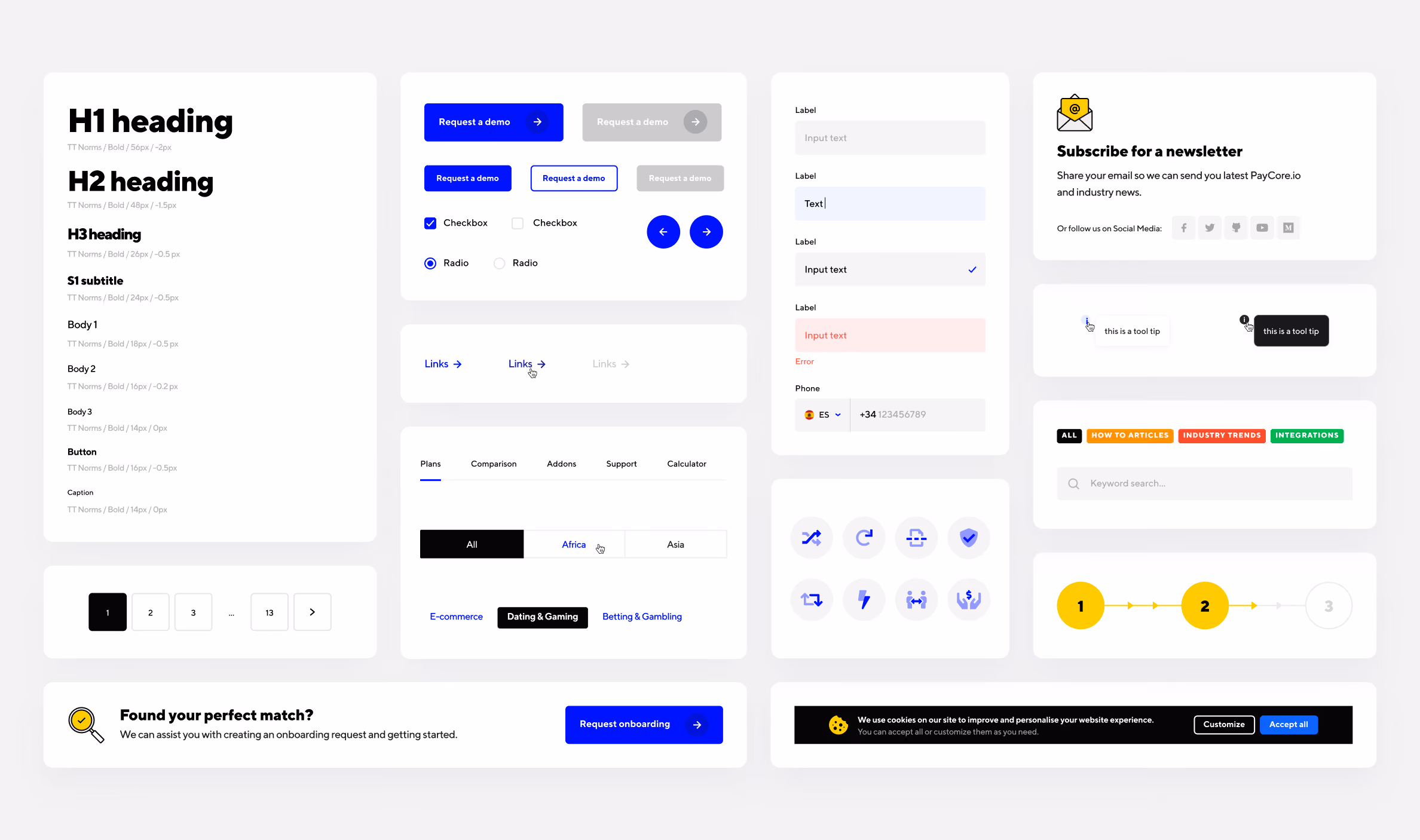 User interface design system showcasing typography styles including various heading sizes, body text, buttons, and captions; UI elements such as request demo buttons, checkboxes, radio buttons, links, tabs for plans and categories, pagination controls, input fields with labels and error messages, a newsletter subscription box with social media icons, tooltip examples, keyword search bar with filter tags, progress steps, onboarding request button, and cookie consent banner with accept and customize options.