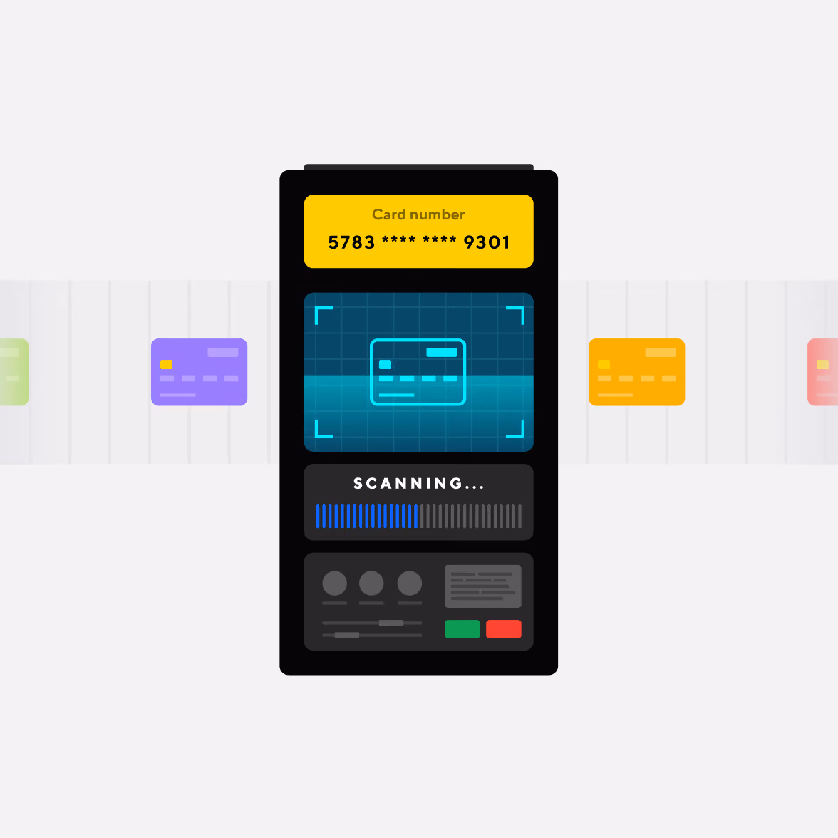 Digital card scanning device displaying a card number partially obscured as 5783 **** **** 9301, with a scanning progress bar and control buttons below, and colored credit cards floating in the background.