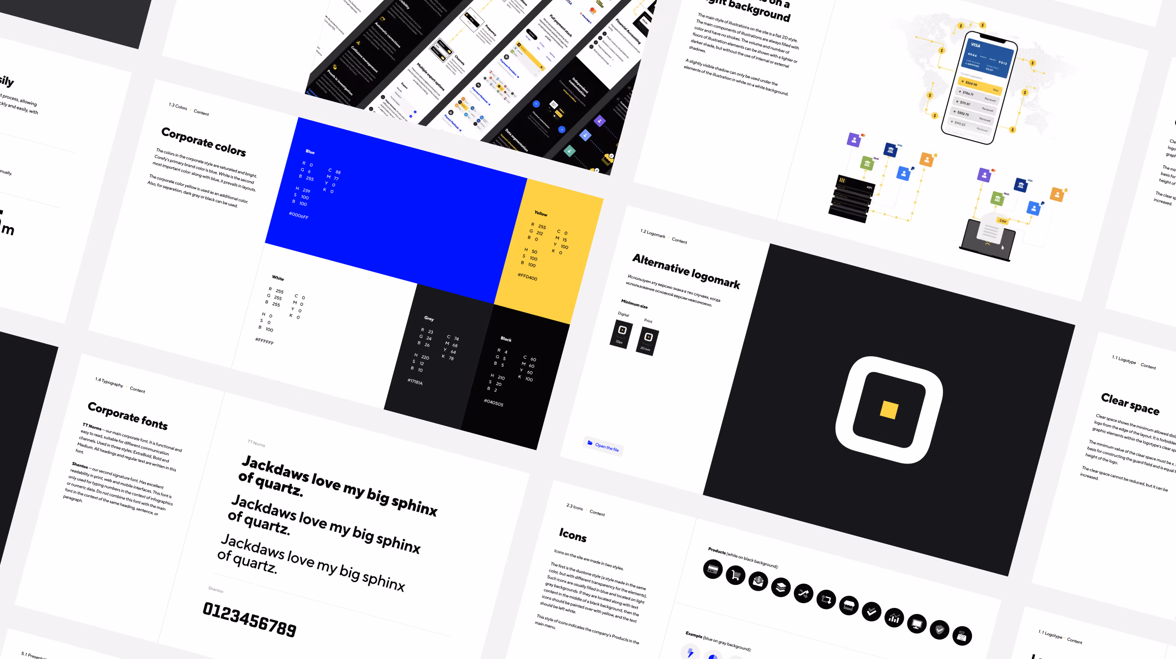 Brand guidelines layout showing corporate colors in blue, yellow, white, and black blocks, font styles with sample text and numbers, icons, an alternative logomark on black background, and various sections of typography and design elements.