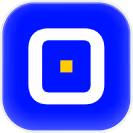 Blue square icon with rounded corners featuring a white square outline and a small yellow square at the center.