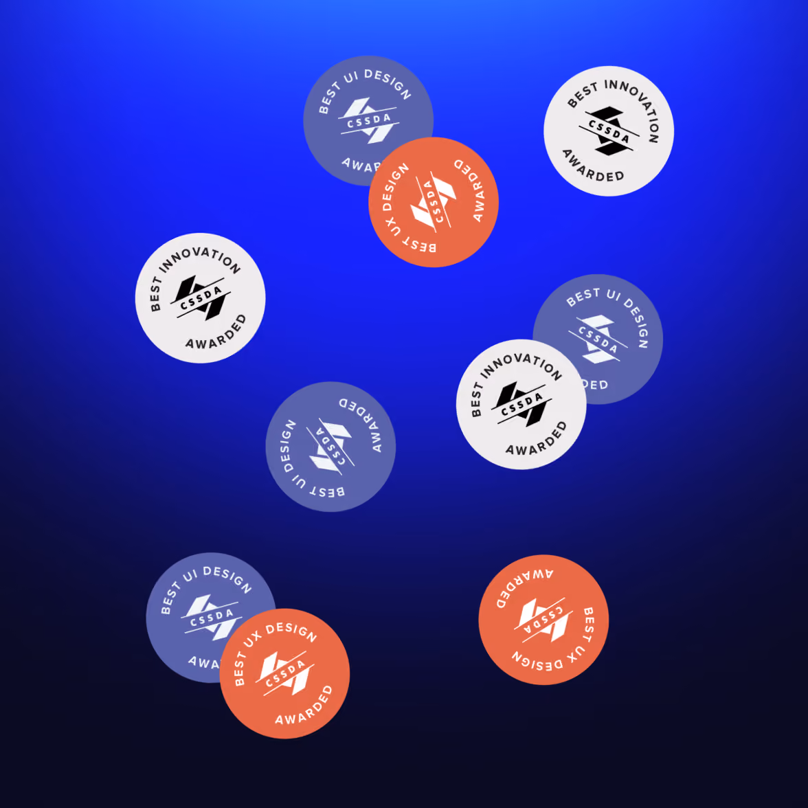 Multiple floating circular badges on a blue to black gradient background, featuring phrases like 'BEST UI DESIGN,' 'BEST INNOVATION AWARDED,' and 'BEST UX DESIGN,' all with the CSSDA logo in the center.