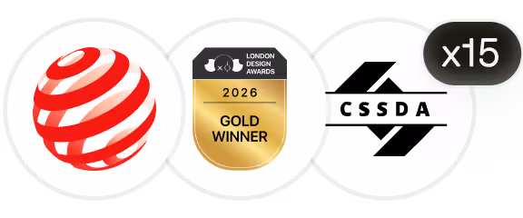 Three award logos: Red Dot Design Award logo, London Design Awards 2026 Gold Winner badge, and CSS Design Awards logo with a label indicating 15 additional awards.