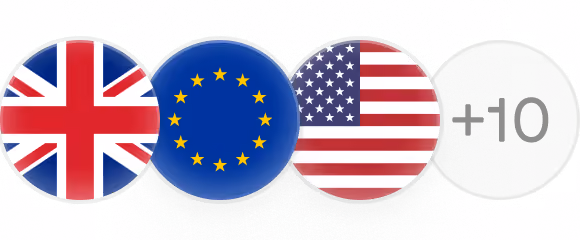 Circular icons of the United Kingdom flag, European Union flag, United States flag, and a circle with '+10' representing additional options.