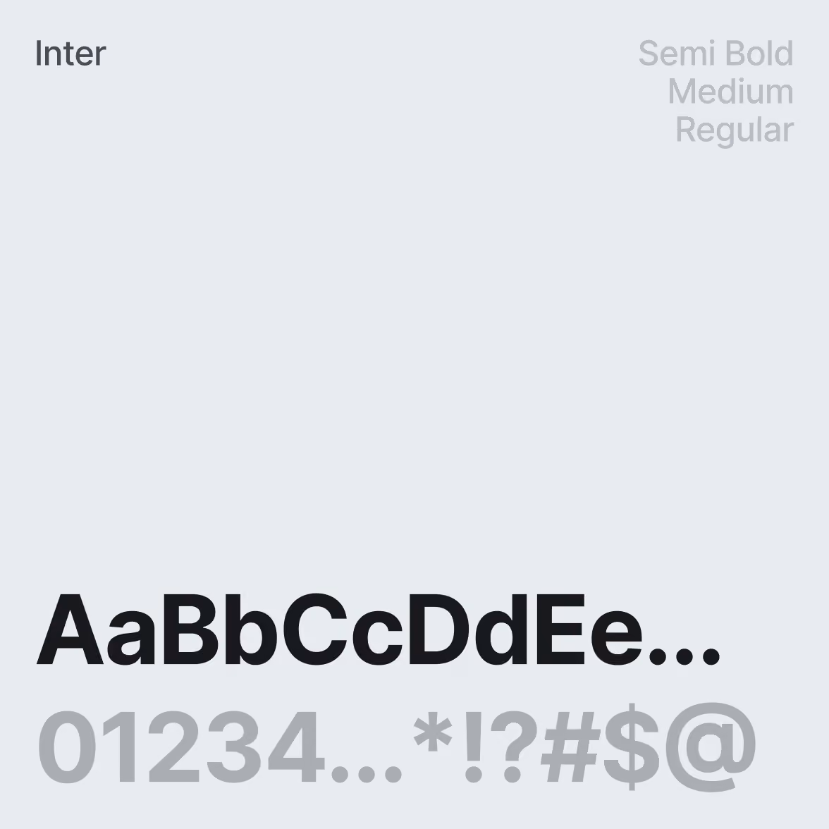 Sample of the Inter font showing uppercase and lowercase letters AaBbCcDdEe in bold black, with numbers 01234 and special characters *!?#$@ in gray below, with font weight labels Semi Bold, Medium, Regular on top right.