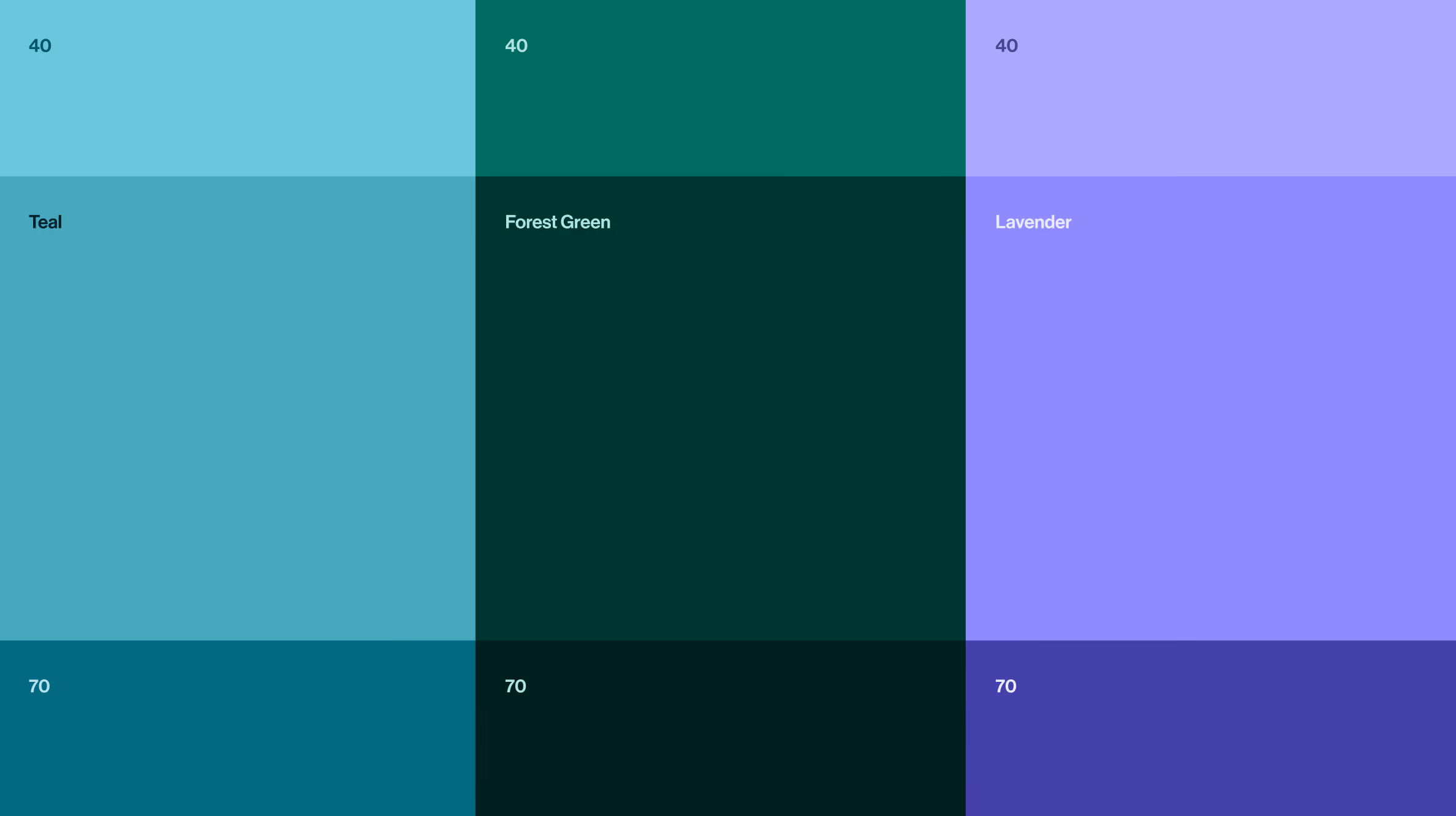Color palette with nine squares in three columns and three rows: top row labeled 40 shows teal, forest green, and lavender shades; middle row labeled Teal, Forest Green, Lavender displays medium shades; bottom row labeled 70 shows darker teal, dark forest green, and deep lavender colors.
