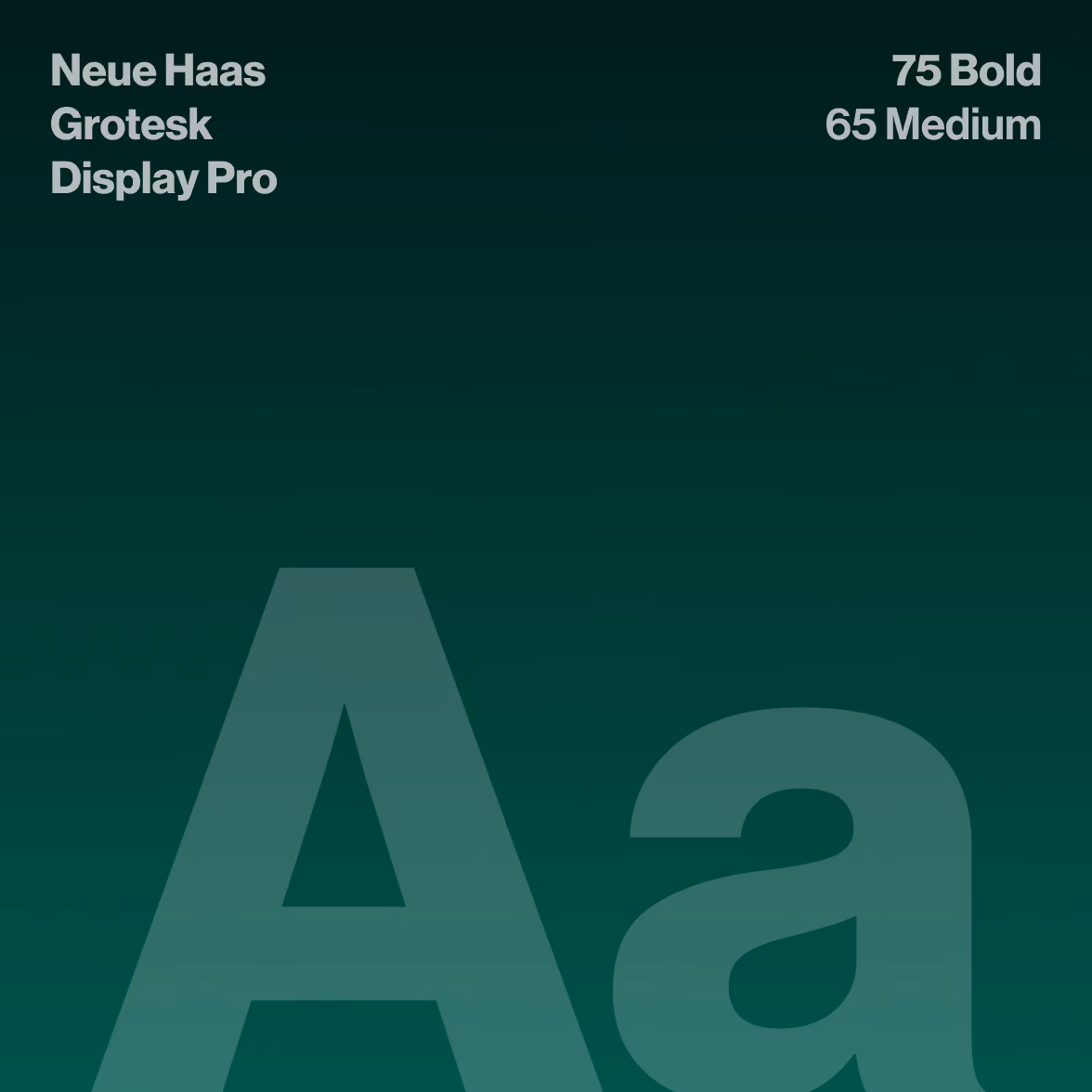 Typography sample showing font family Neue Haas Grotesk Display Pro with style names 75 Bold and 65 Medium on a green gradient background, accompanied by large faint letters 'A' and 'a'.