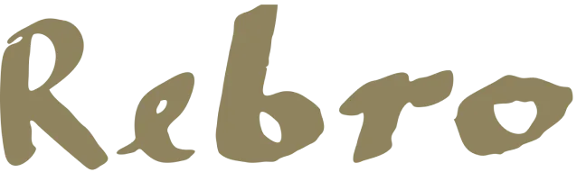 Word 'Rebro' written in large, jagged, gold-colored letters on transparent background.