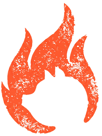 Stylized orange flame graphic with a textured, distressed look.