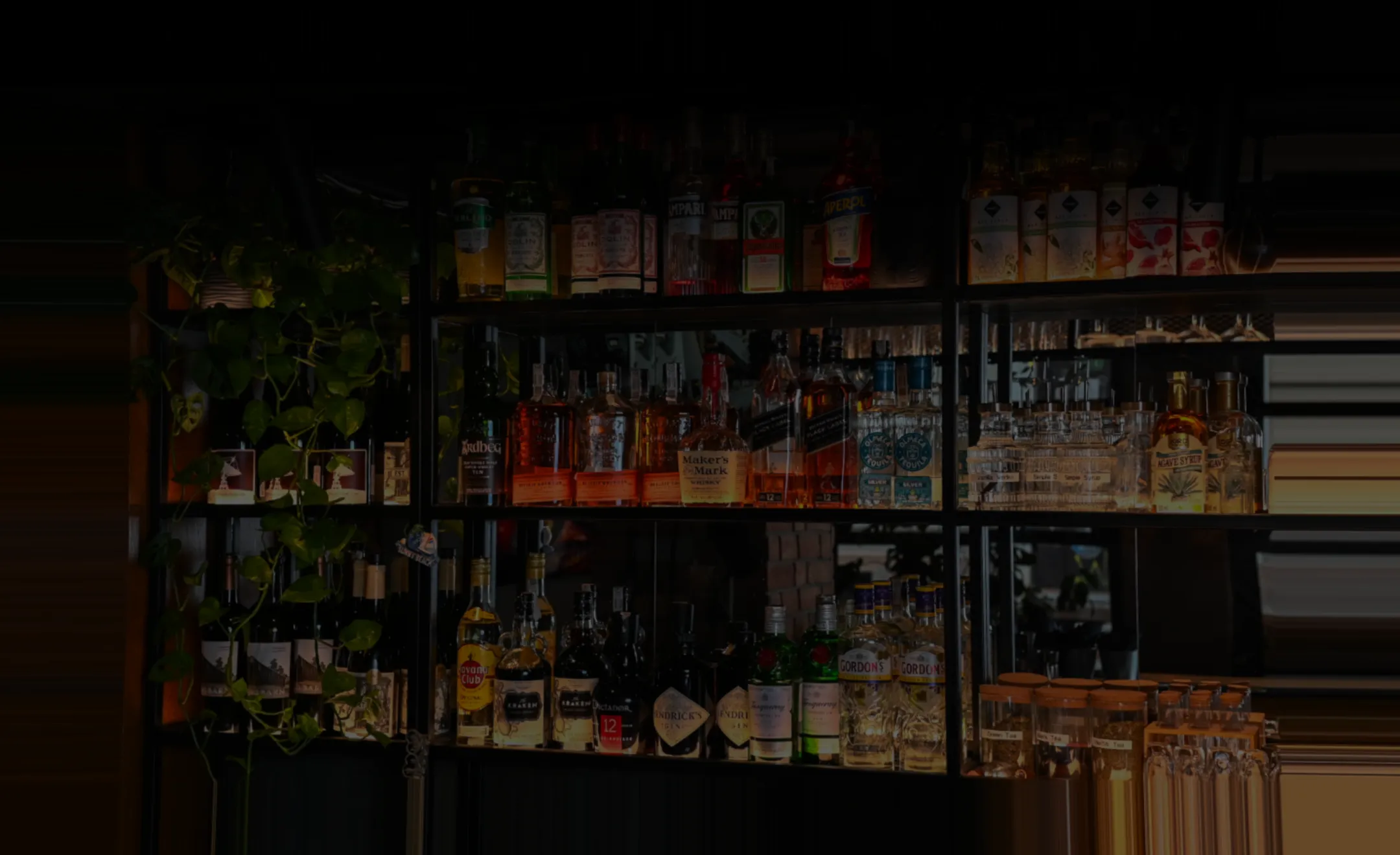 Shelves stocked with various liquor bottles including rum, whiskey, gin, and tequila in a bar setting.