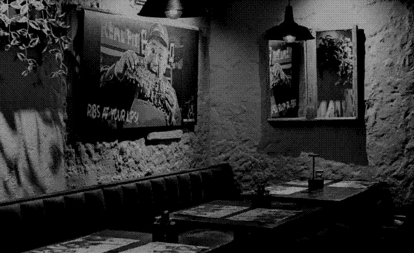 Cozy restaurant interior with framed posters, tables, benches, and RE.BRO text overlay.