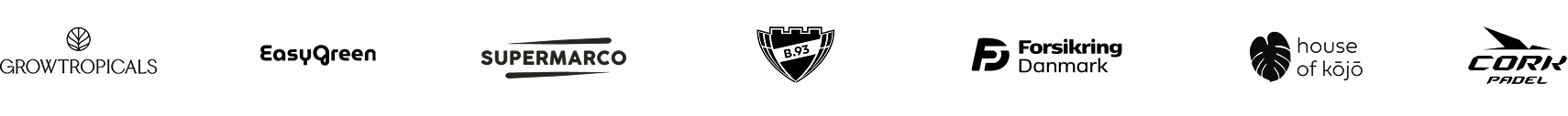 Logos of five brands arranged horizontally: GrowTropicals, Supermarco, a shield emblem, House of Kojo, and Cork Propel.
