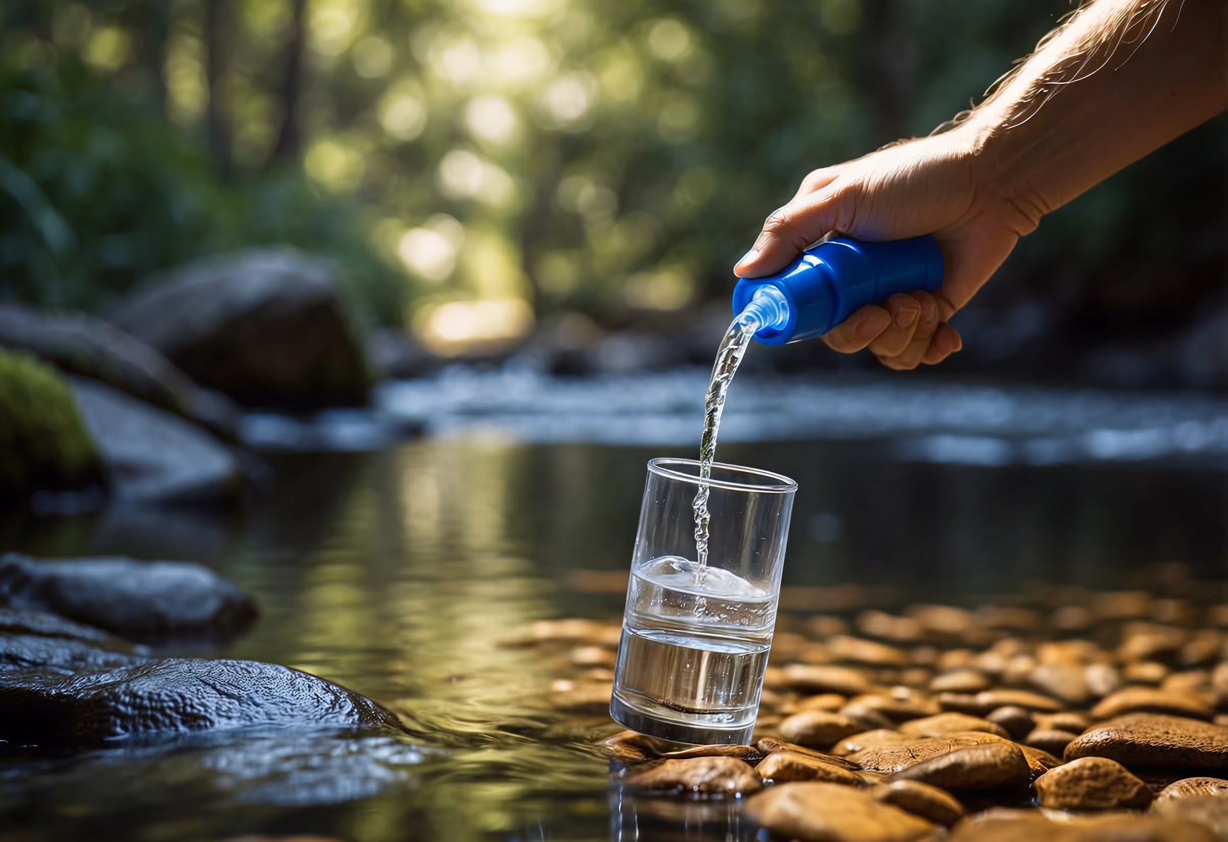 Glass being filled with clean water from a stream