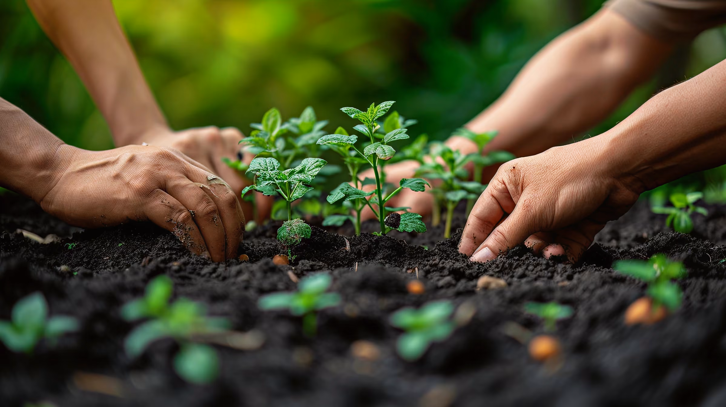 Hands tending young plants in a field
