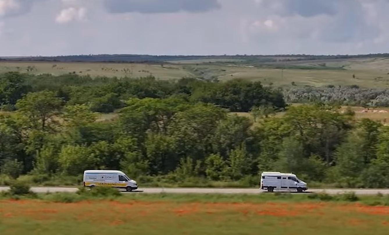 RIDNE delivery vehicles travelling through rural Ukraine