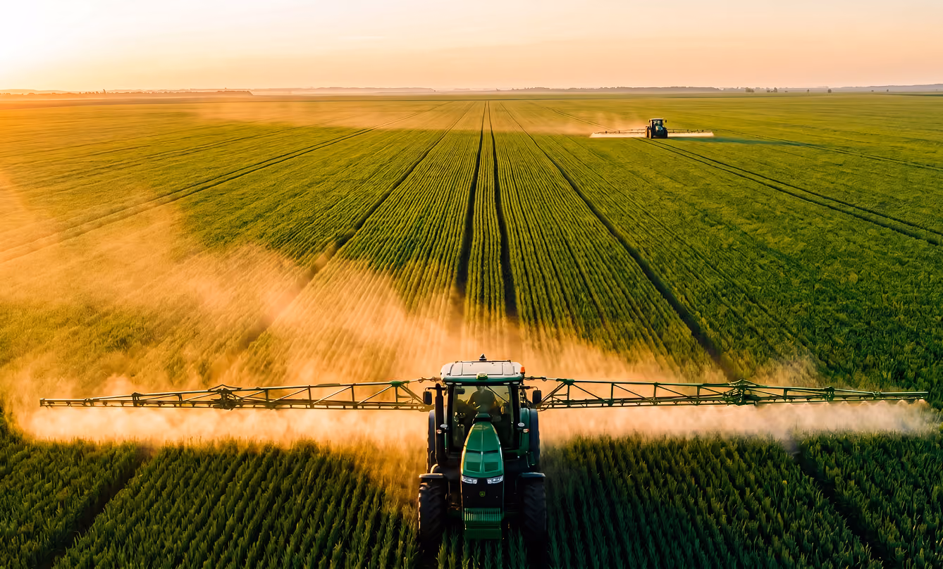 Tractor spraying crops on a large farm