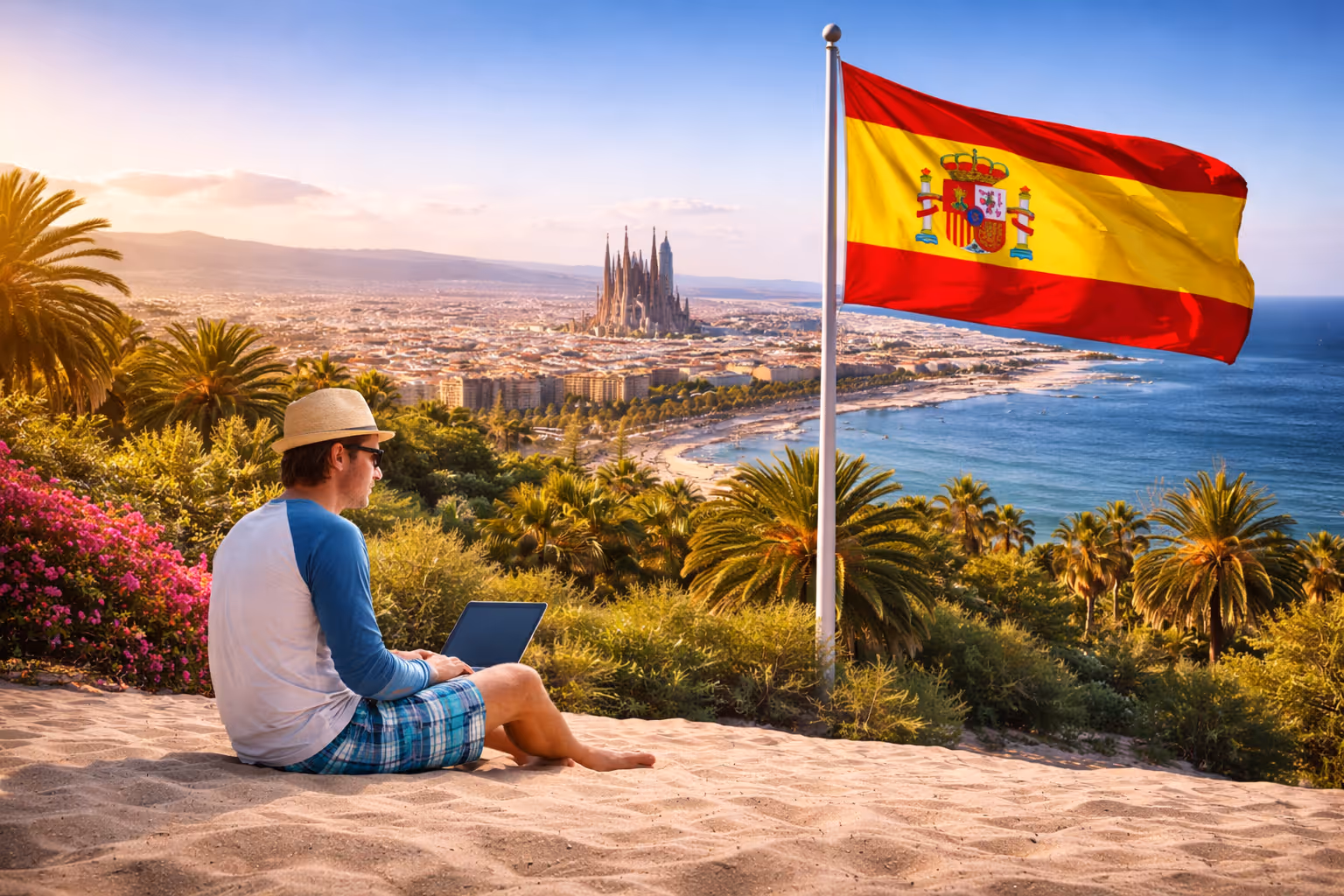 Man met een hoed en laptop zittend op zandheuvel met uitzicht op Barcelona en de Spaanse vlag.