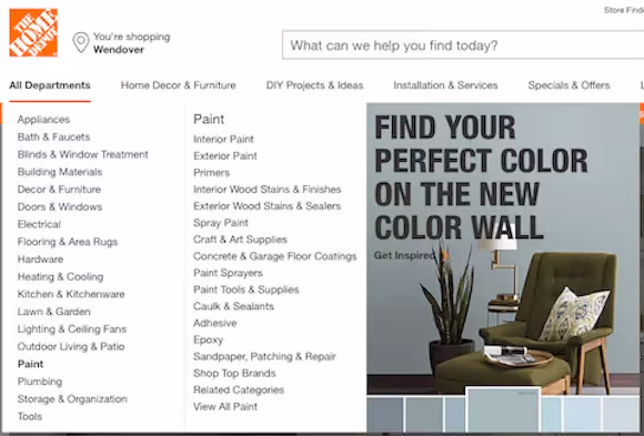 Home Depot drop-down menu with paint promotion
