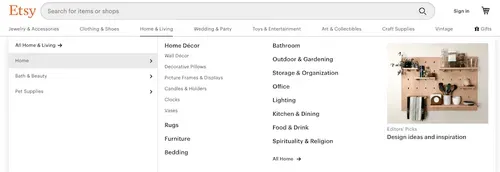 Etsy drop-down menu
