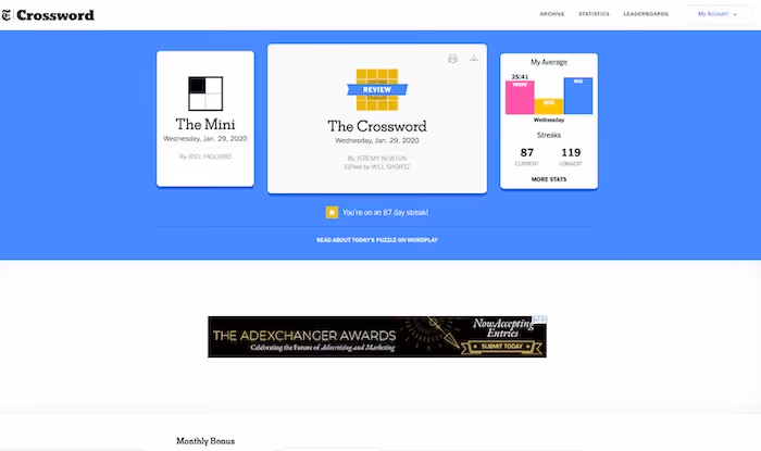 example of oddly placed nyt crossword ads