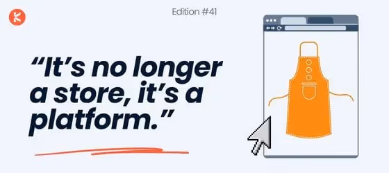 Quote "It's no longer a store, it's a platform" alongside an orange apron with a cursor hovering over it.