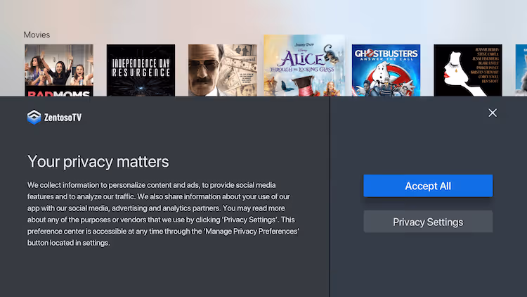 Example of OneTrust CMP privacy consent form for OTT applications