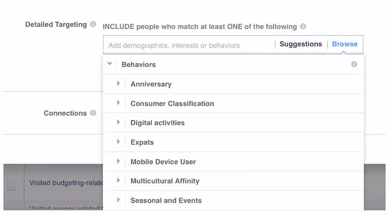 behavioral targeting options for facebook