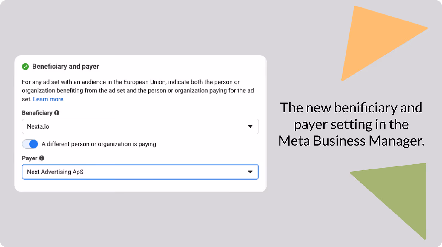The new beneficiary and payer settings in the Meta Business Manager. 