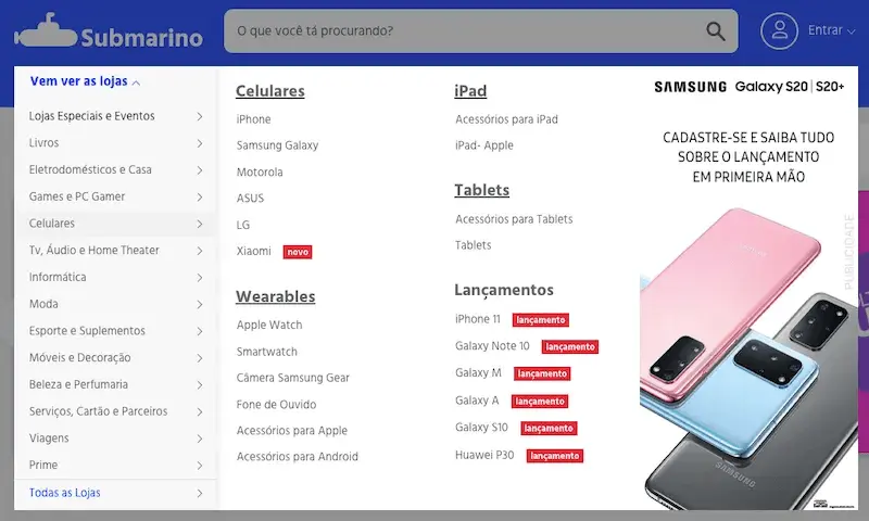 Submarino menu categories