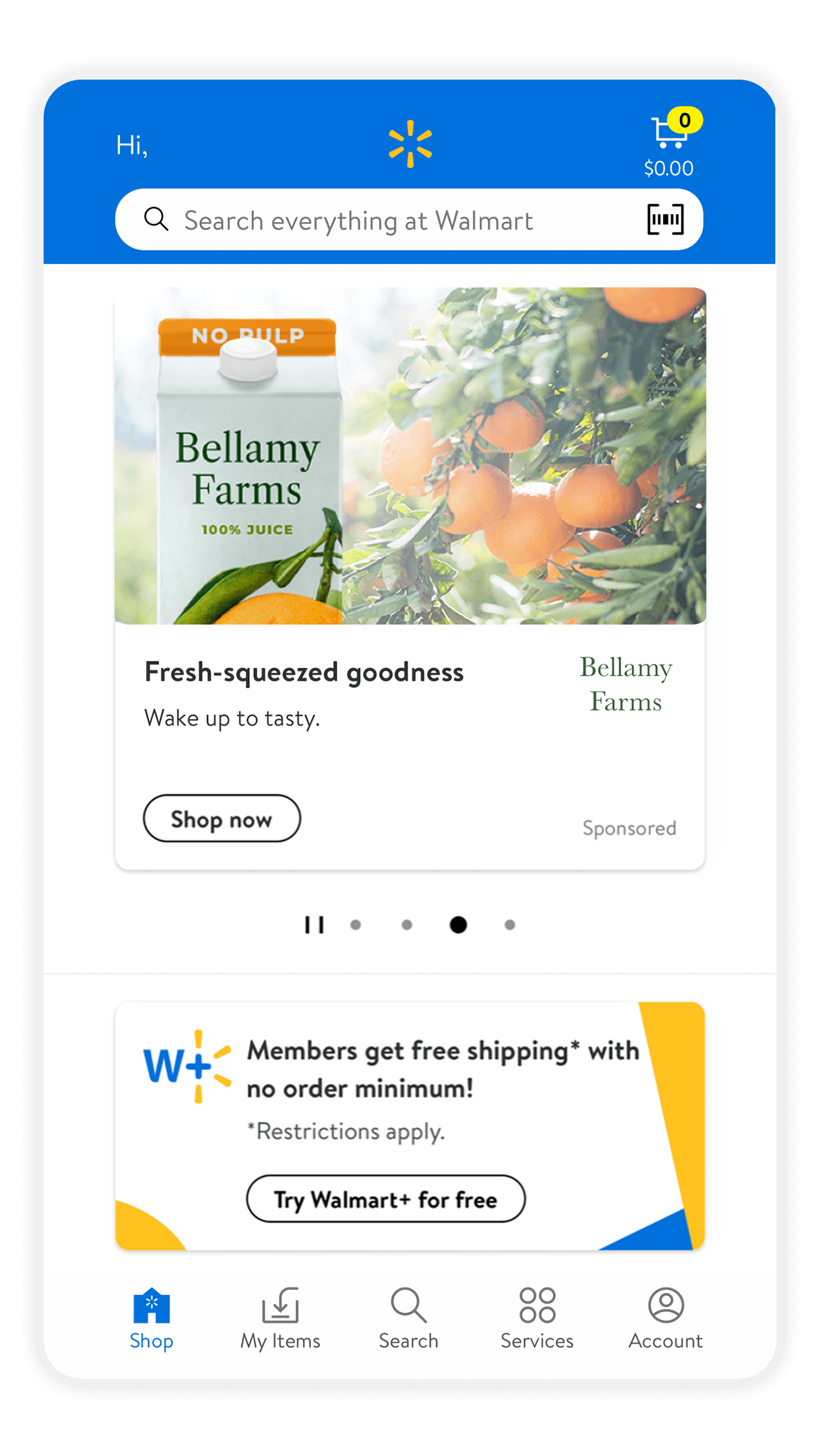 Homepage ad unit on Walmart Display showcasing a prominent orange juice brand