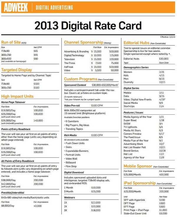 Rate card example