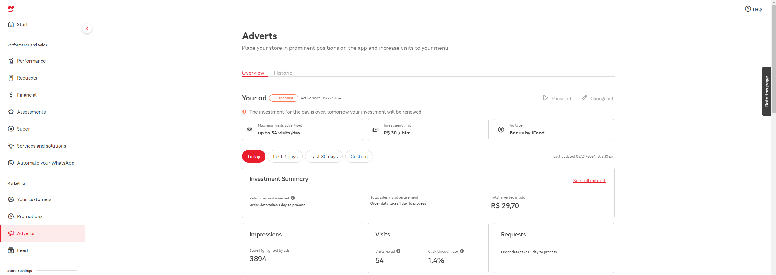 iFoods advertiser dashboard