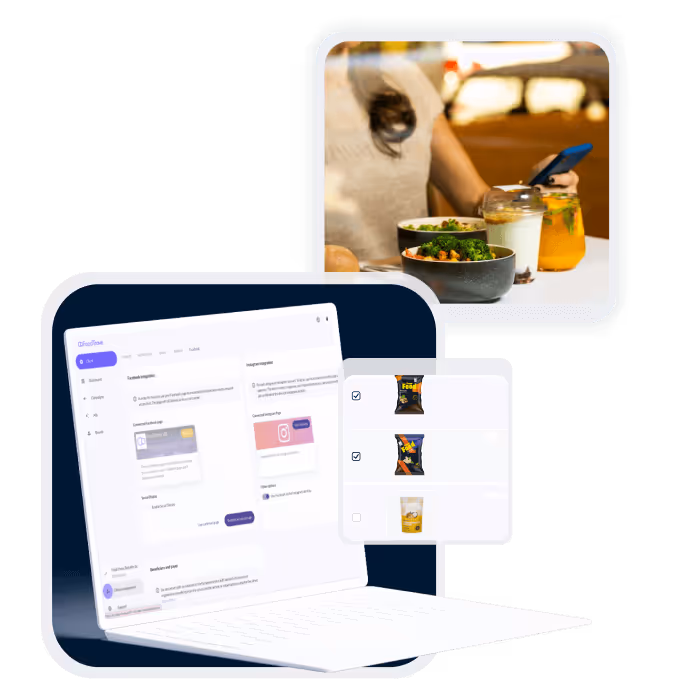 Laptop displaying a digital campaign management interface with product selection, next to an inset image of a person using a smartphone at a table with bowls of food and beverages.