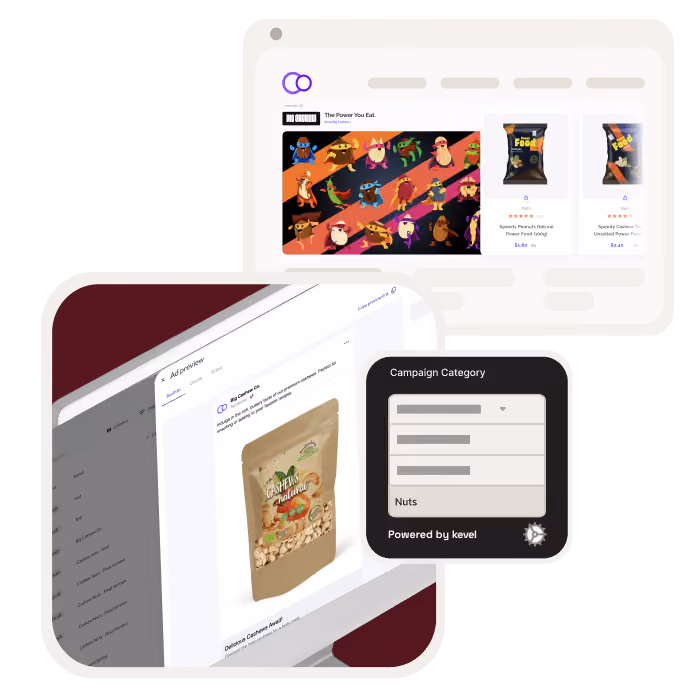 Interface showing an ad preview of a cashew product with a campaign category menu labeled 'Nuts' powered by Kevel, alongside a webpage displaying colorful product packaging and snack bags.