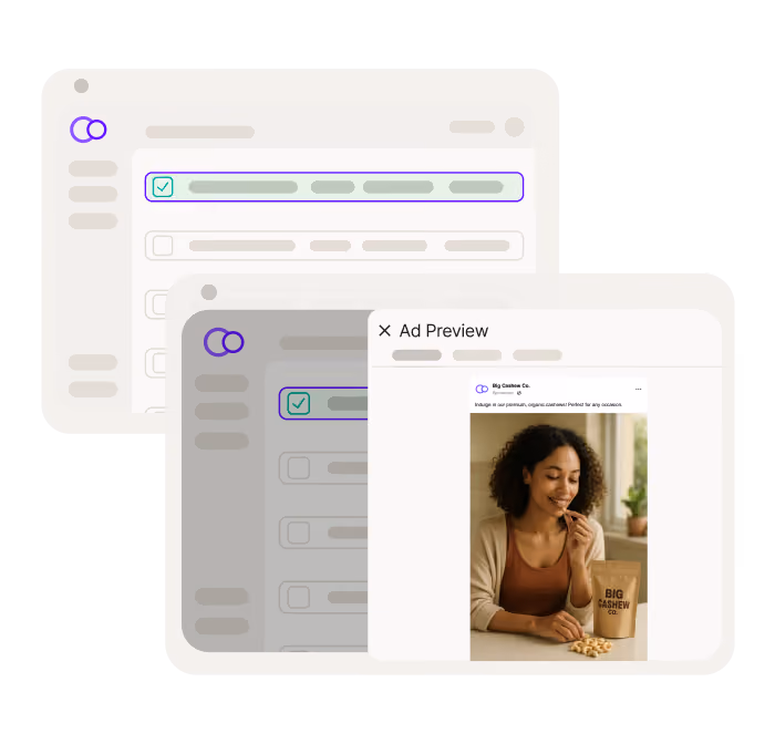 User interface showing ad preview for Big Cashew Co. featuring a woman smiling and eating cashews beside a package of Big Cashew Co. nuts.