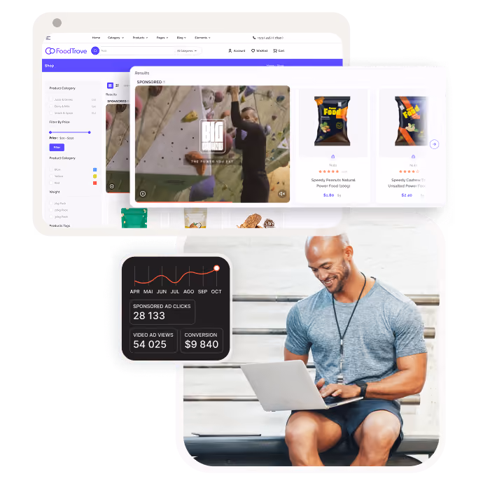 Man in gymwear sitting on bench using a laptop, with overlay of e-commerce website showing snack products and an ad video, plus chart of sponsored ad clicks and video views data.