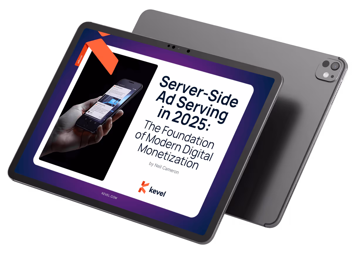Tablet displaying eBook cover titled 'Server-Side Ad Serving in 2025: The Foundation of Modern Digital Monetization' by Neil Cameron with kevel logo.