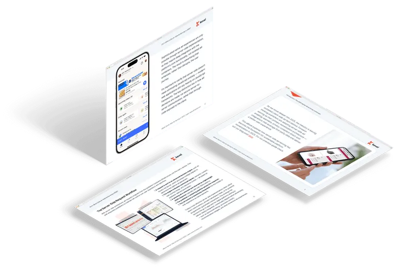 Three angled pages of a digital ebook about server-side ad serving in 2025, featuring images of mobile and laptop screens displaying ad-related interfaces.