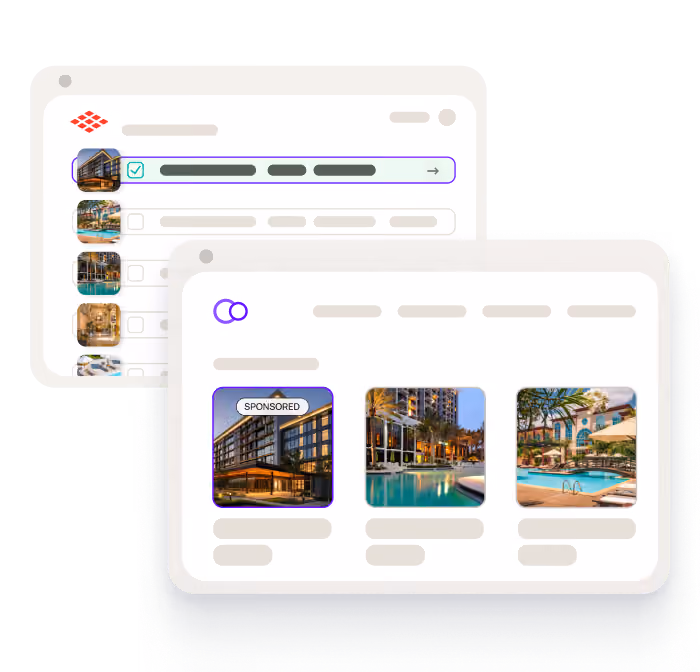 Digital interface showing sponsored travel listings with hotel images featuring pools and buildings.