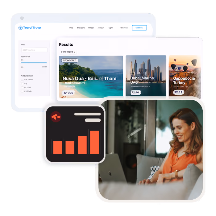 Collage showing travel search results with destinations and prices, a red bar chart icon, and a smiling woman using a laptop on a couch.