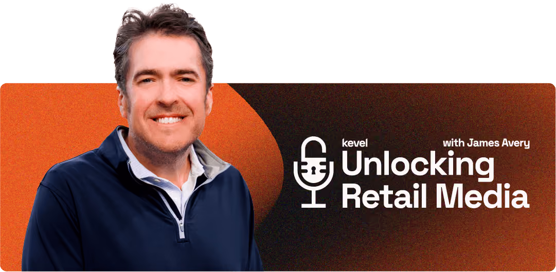 James Avery in a navy blue quarter-zip sweater with white collared shirt stands next to text reading Unlocking Retail Media with James Avery.