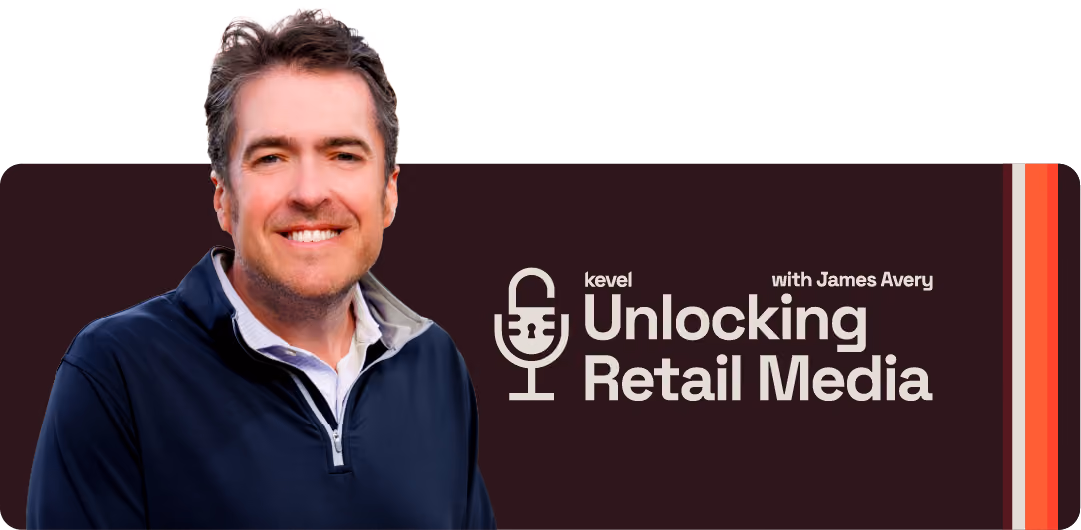 James Avery in a navy blue quarter-zip sweater with white collared shirt stands next to text reading Unlocking Retail Media with James Avery.