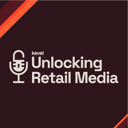 Logo with a white microphone icon featuring an unlocked padlock, and text reading 'UNLOCKING RETAIL MEDIA with James Avery' on an orange and black gradient background.
