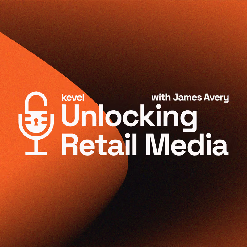 Logo with a white microphone icon featuring an unlocked padlock, and text reading 'UNLOCKING RETAIL MEDIA with James Avery' on an orange and black gradient background.